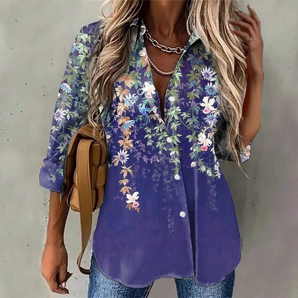 Elegant Women\'s Shirts & Blouses Blue Purplegreen Flower Flower Print Button Long Sleeve Casual Shirt Fit Summer Female Clothing