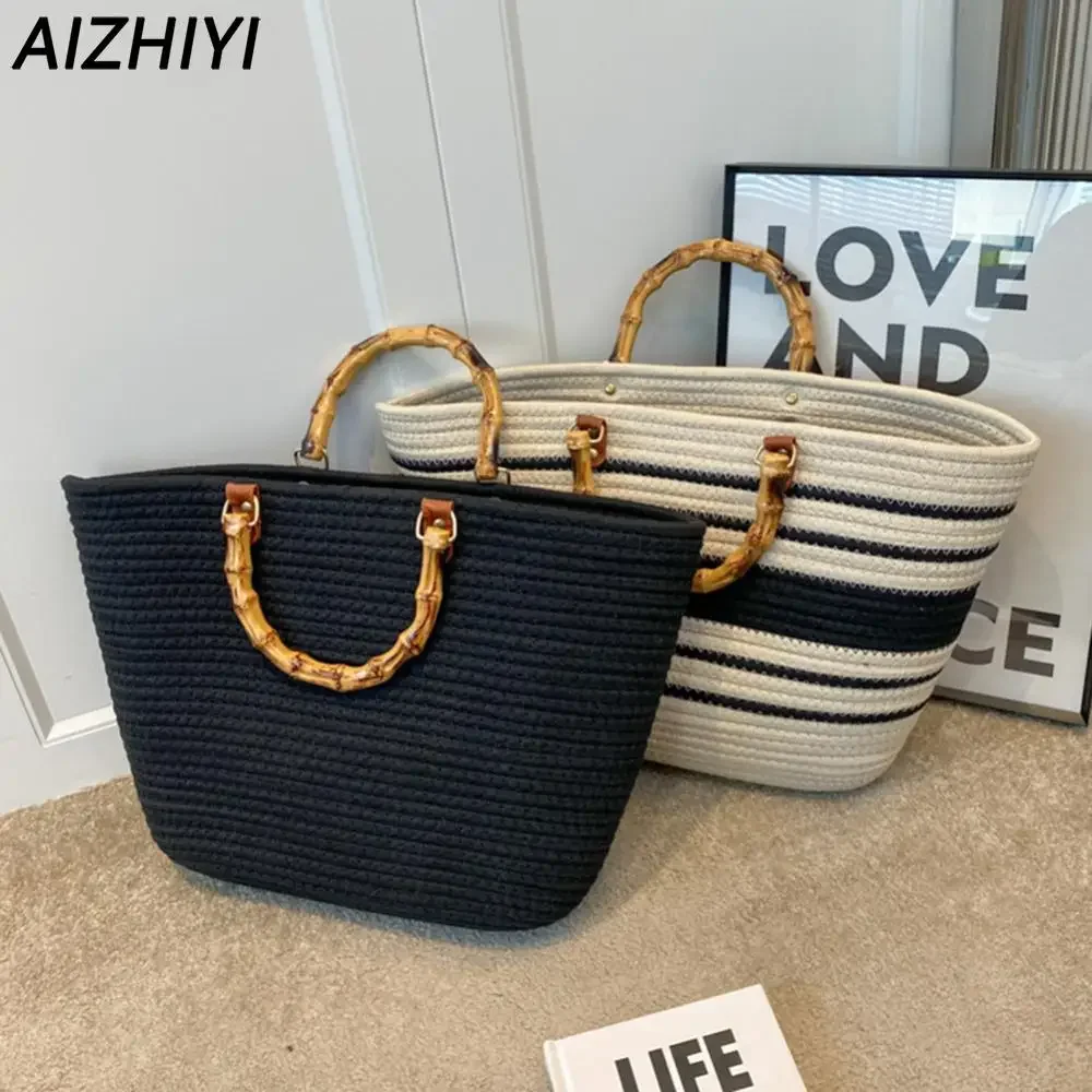 Cotton Woven Handbags Bamboo Handle Beach Vacation Bags Large Capacity Striped Portable Casual Exquisite for Seaside Party