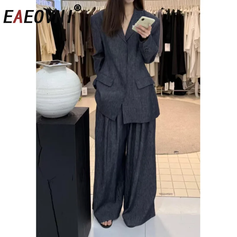 

EAEOVNI 2025 Autumn Blue Denim Women's Set Two Piece V Neck Blaze Coat + Wide Leg Long Pants Fashion Office Lady Clothing