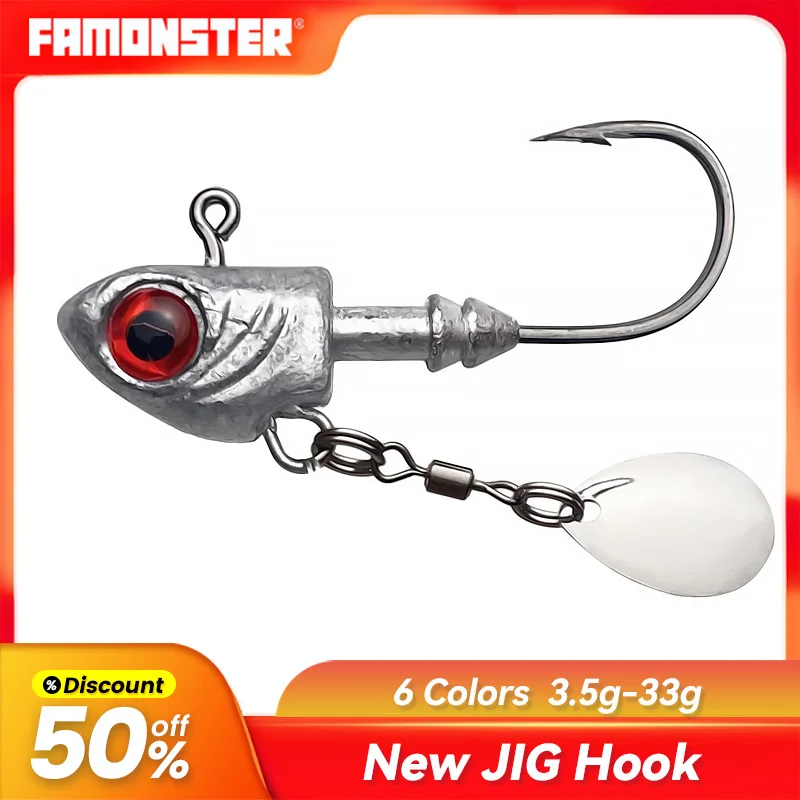 Famonster Fishing Lure Fish Head Bionic Jig Hook 3.5g~33g Barbed  Soft Worm Lure with Sequins Spoon Noctilucent Pike Bass