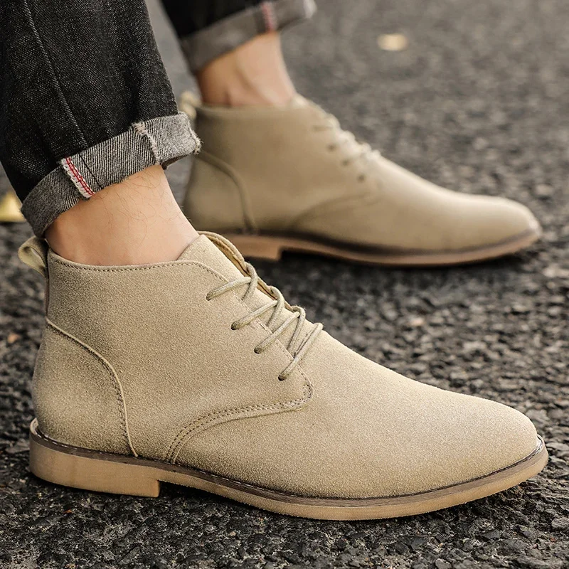 Trend Khaki Ankle Boots Men Pointed Toe Men's Chelsea Boots High Top Suede Leather Shoes For Man Short Boots Botines Para Hombre