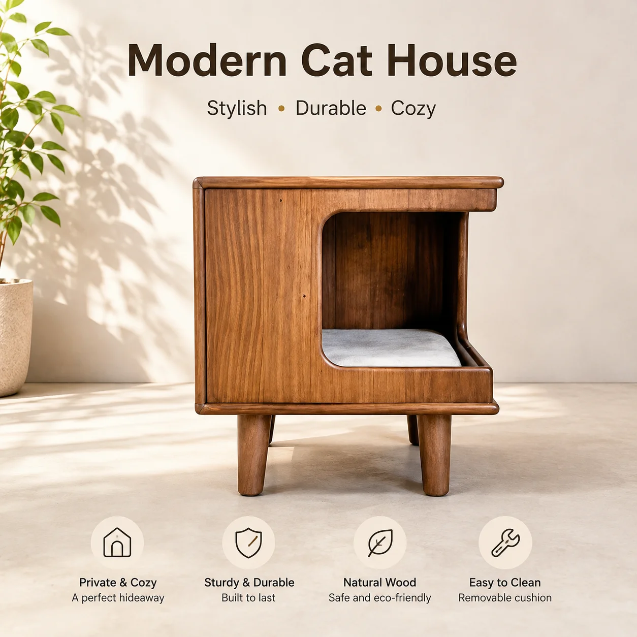 Rubber Wood Semi-enclosed Cat Bed  Spacious Kitty Villa  Pet  Human Dual-use Bench  Durable Nightstand  4-season Dog Bed Bench