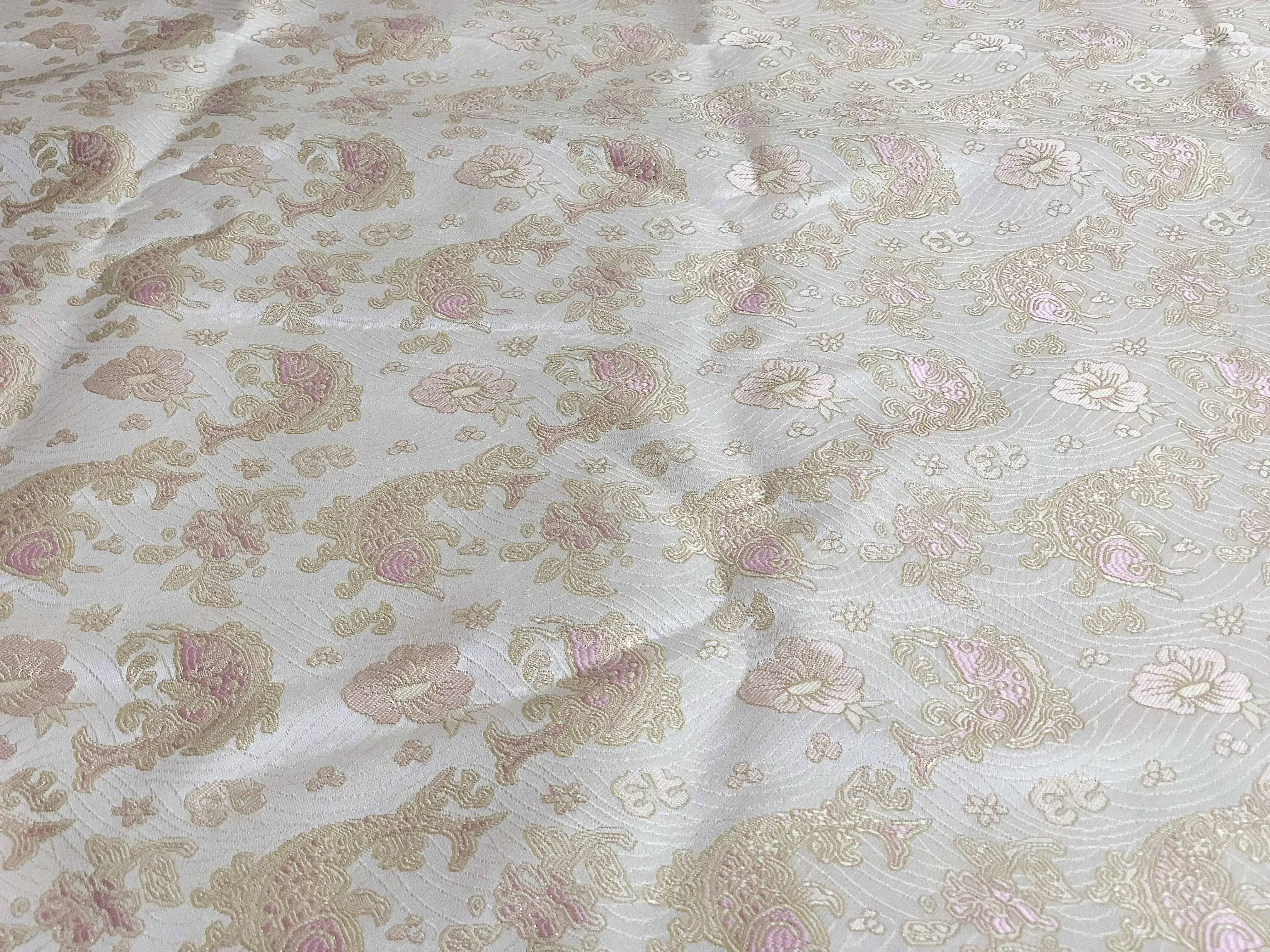 Embossed Jacquard Fabric Bronzing PInk Florl Fish Design Sewing Material Dress Wedding Garment Wide 145cm Sold By Half Meter