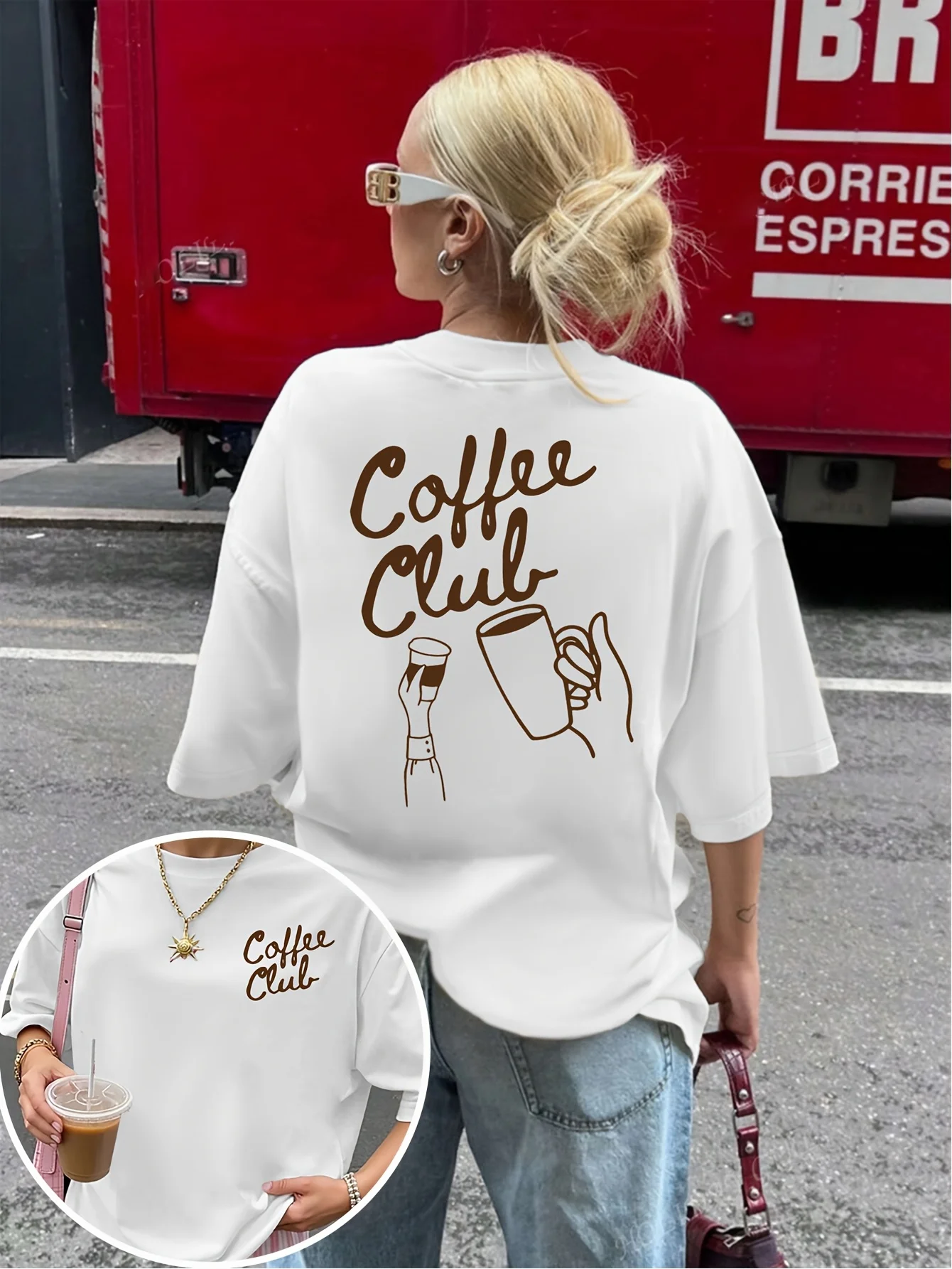 Women's Vintage Coffee Club Sleeve Round Neck Blouse-Compatible with Coffee Bean Print Suitable for Daily Wear Layering Casual