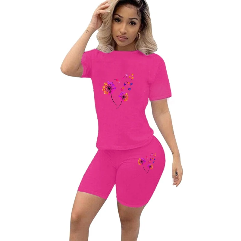 New Printed Women Sexy Basic T Shirt Casual Bodycon 2 Piece Set Short Sleeve Tee Summer Top Shorts Pants Tracksuit American Suit