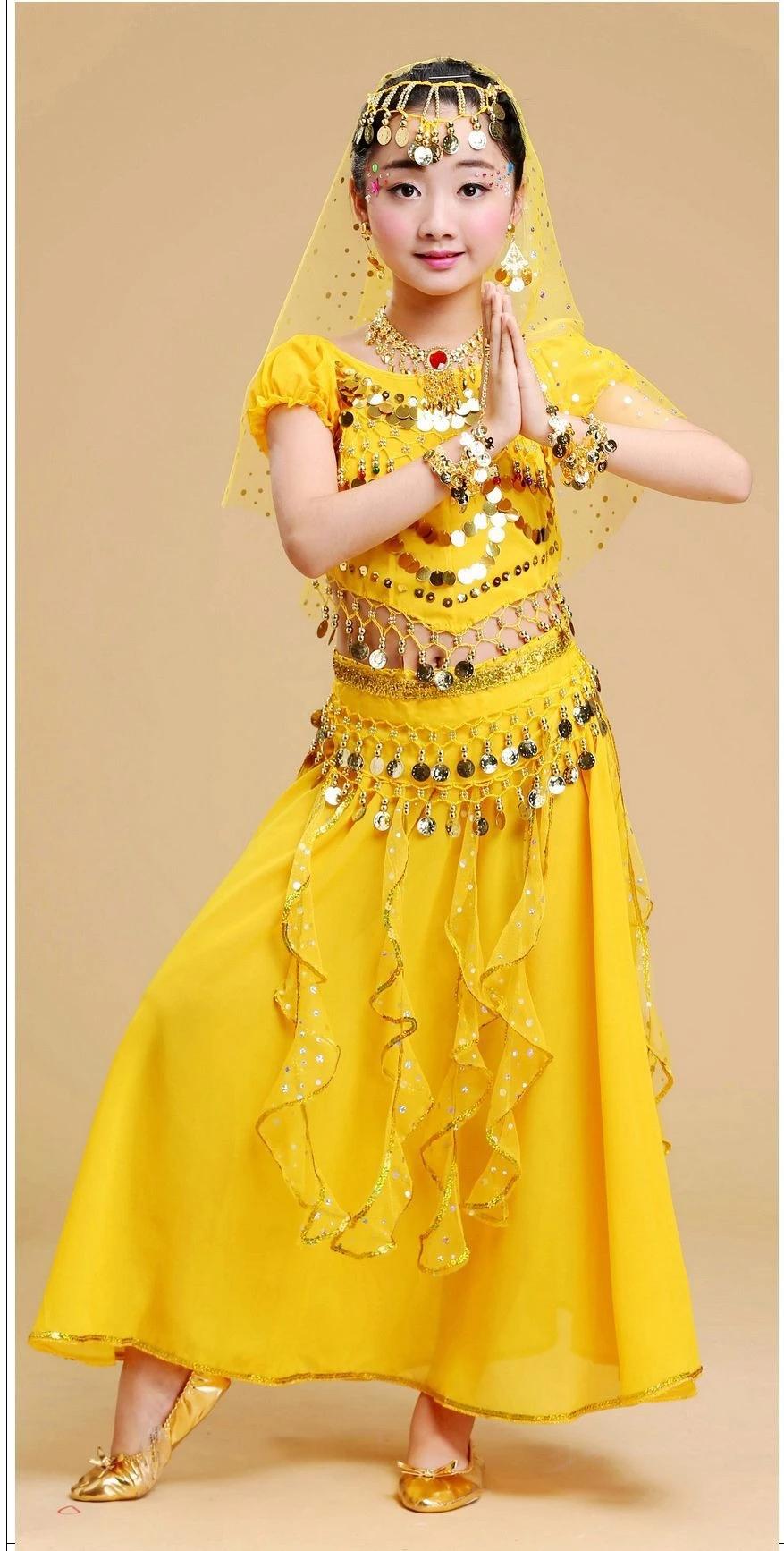 Girls' Indian Belly Folk Dance Costume Set - Sequins Embroidered Spinning Skirt for Performances