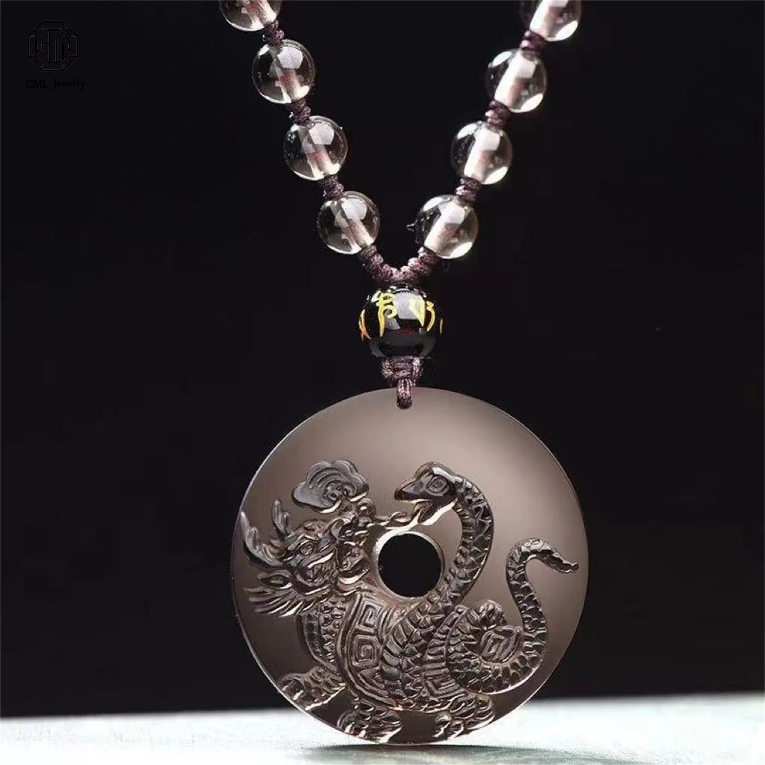 Natural Black Obsidian Xuanwu Tortoise Snake Pendant Five Elements Water Element Feng Shui Amulet Unisex Men Women Necklace