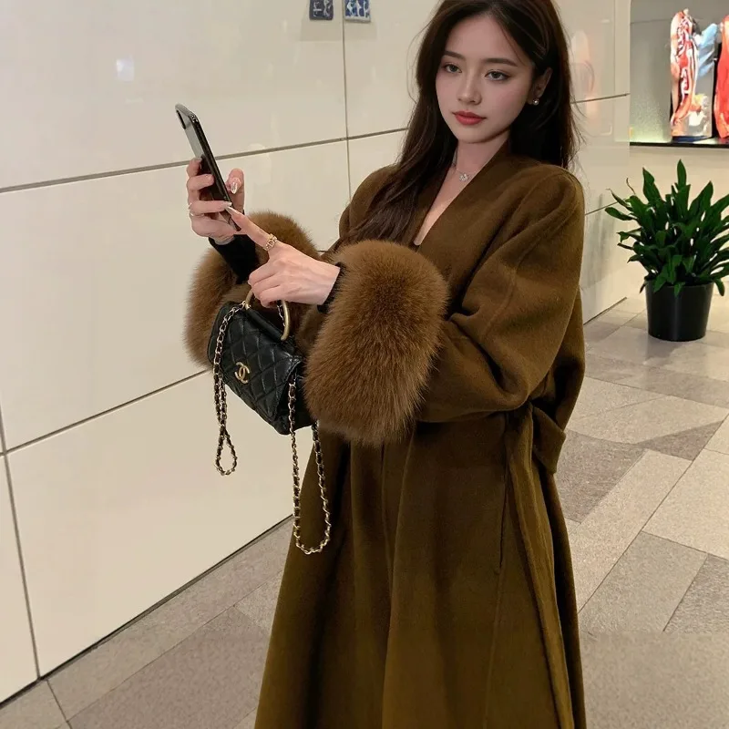 Brown Double-sided Cashmere Coat for Women's 2026 Winter New Medium and Long Loose Fox Fur Jacket 100% Wool Coat