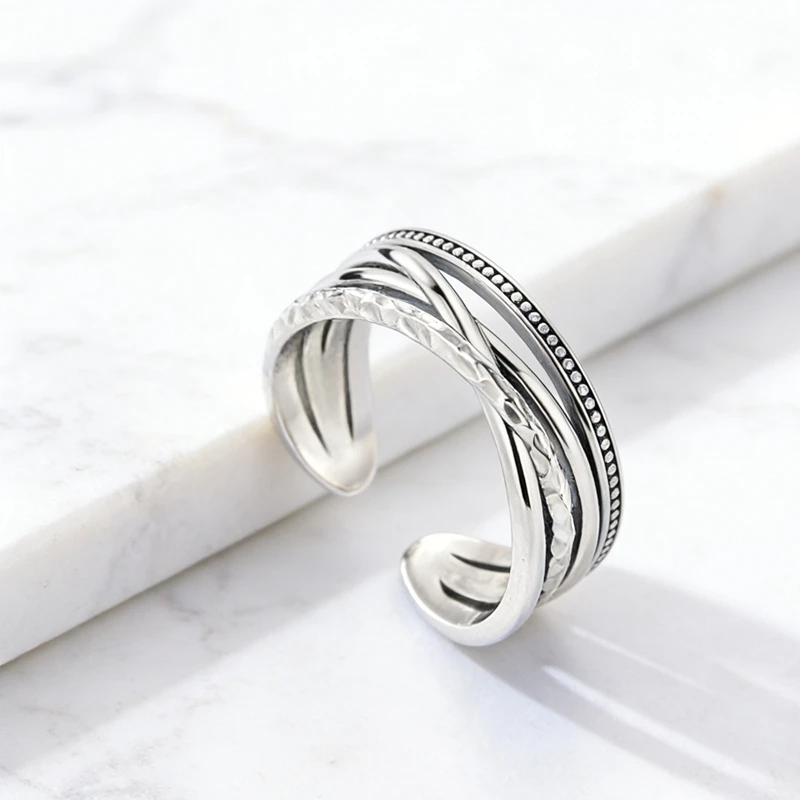 Finger Ring 925 Sterling Silver Line Texture Minimalist Unisex Open Ring Adjustable Size Jewelry For Woman