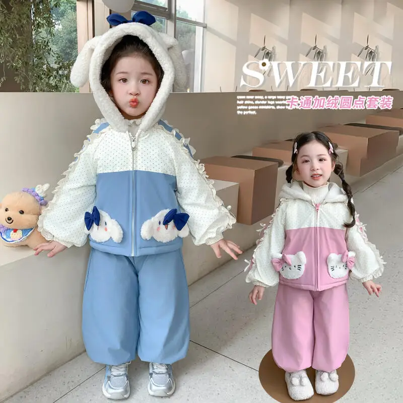 

Cinnamoroll Girls' Thick Warm Hoodie Hello Kitty 2025 Autumn Winter New Kawaii Animal Children's Casual Sweet Sweatshirt Set