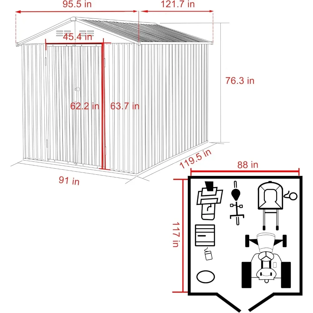 8 x 10 FT Outdoor Storage Shed, Galvanized Metal Garden Tool Shed, Lockable Door and Vents for Patio and Backyard, Grey