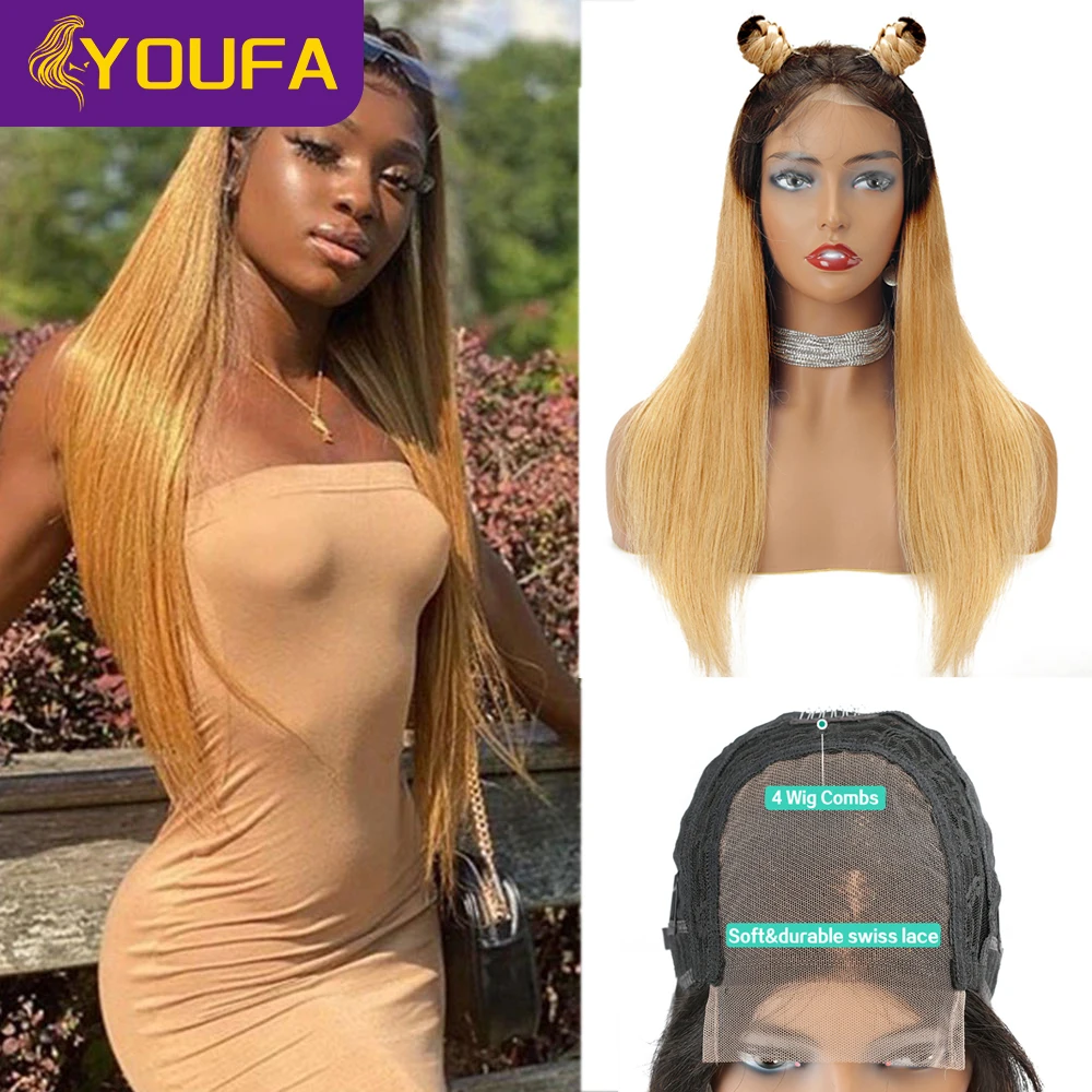 

YOUFA 1B 27 Светлые парики фронта шнурка с детскими волосами 100% бразильские прямые парики из натуральных волос с эффектом омбре 4x4 Швейцарские парики с закрытием шнурка