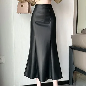 Image New Autumn 2024 Leather Casual Long Skirts for Women Black Coffee High Waist Slim Mermaid Office Lady Faldas Womens Skirt D208