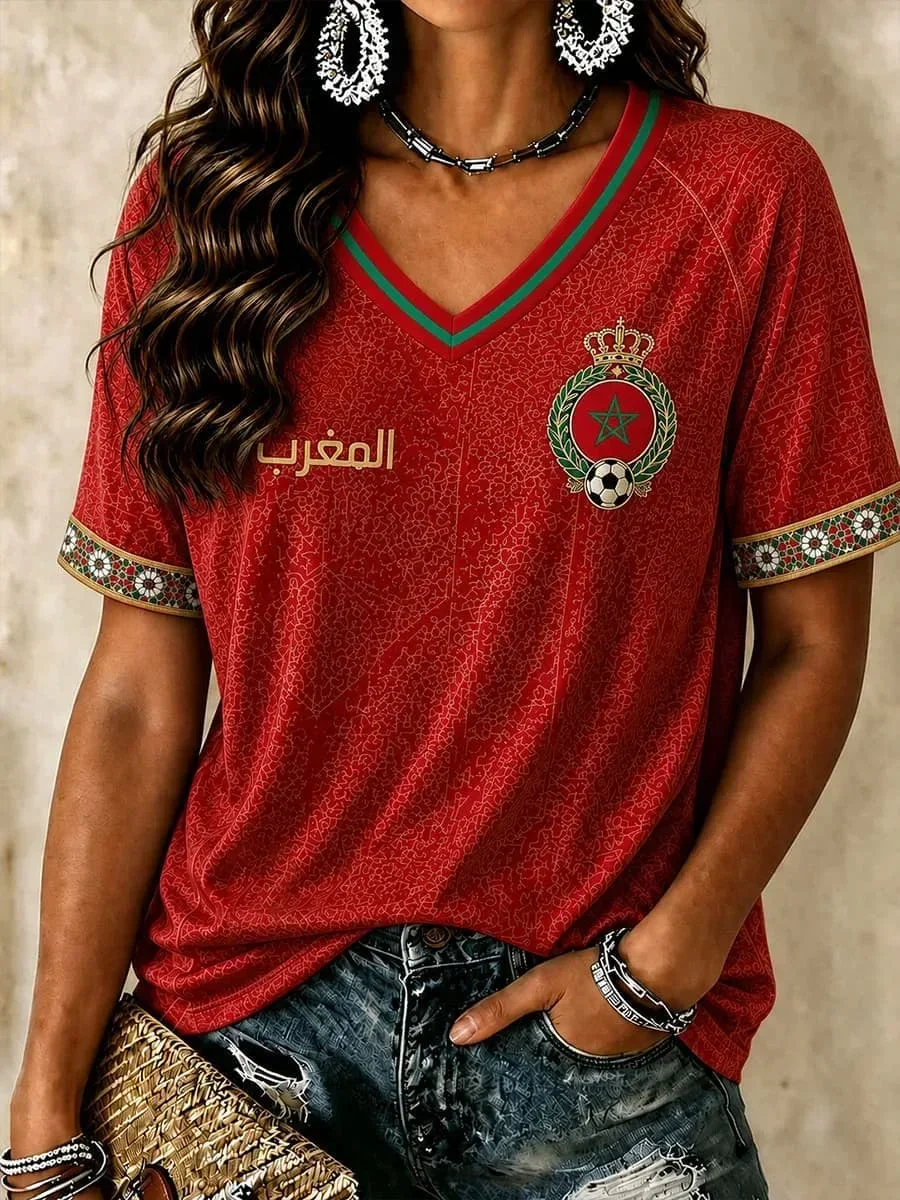 2026 New Morocco Women's Soccer Jersey, Black with Traditional Geometric Print & _MOROCCO_ Text V-Neck Casual T-Shirt Fashion