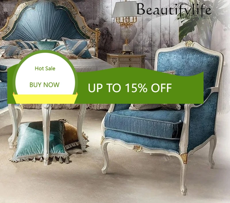 

Luxury Blue Fabric Tiger Chair Carving French Court Solid Wood Negotiation Chair Casual Sofa Chair X