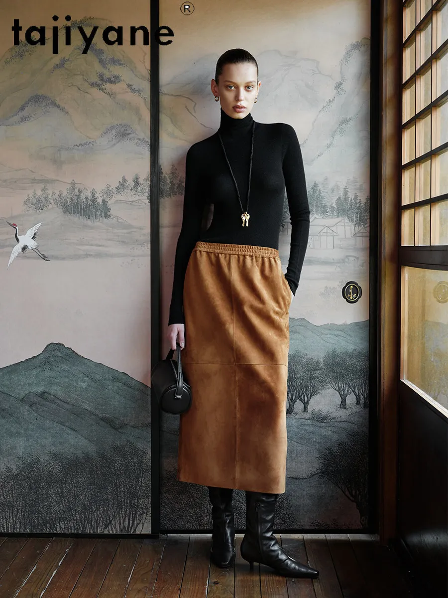 TAJIYANE 100% Goatskin Skirt for Woman Luxury Old Money Style Suede Genuine Leather Long Skirts 2026 Spring Women Clothing юбки