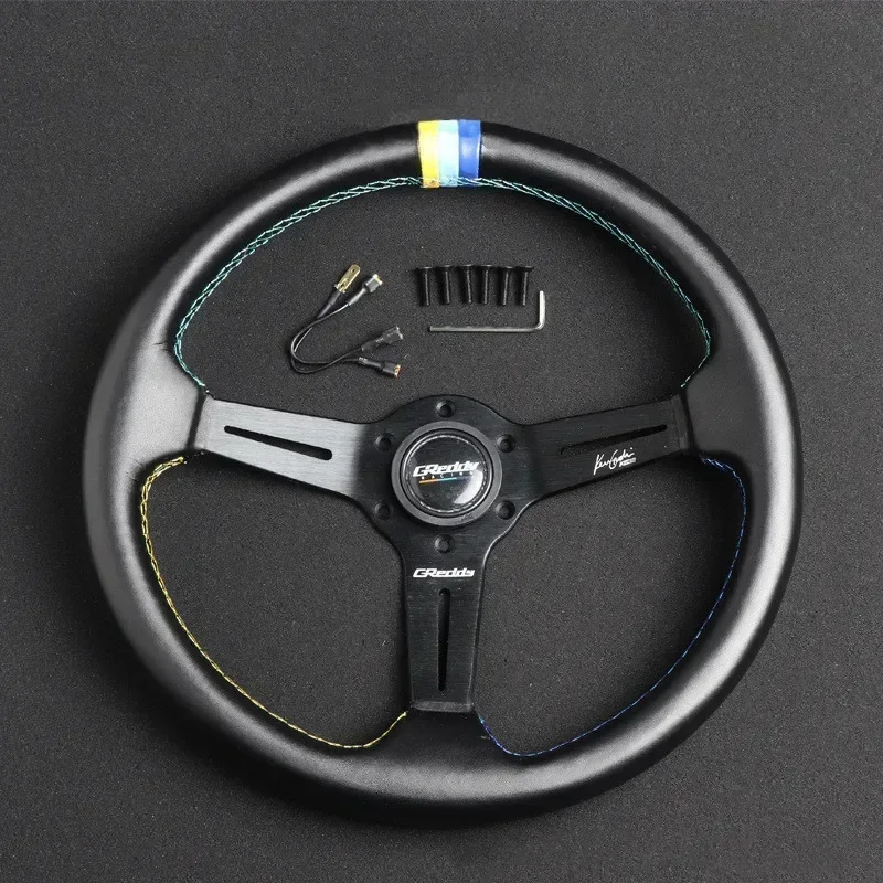 Car Refitting 350mm Tricolor Stripe Tricolor Line Leather Aluminum Alloy Concave Black Frame Racing Universal Steering Wheel