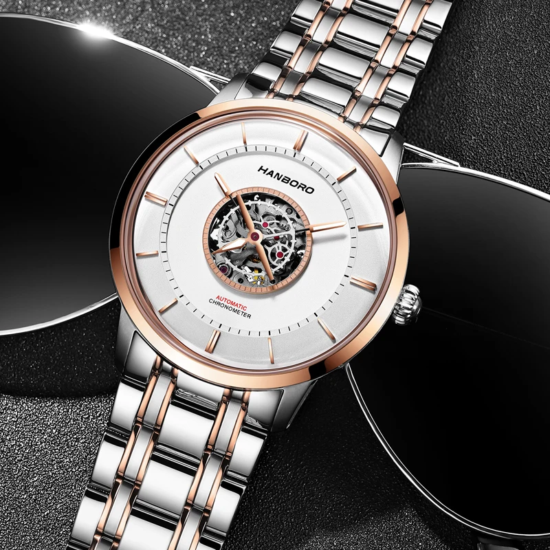 HANBORO men's ultra-thin hollow out fully automatic mechanical watch waterproof business fashion men's watch