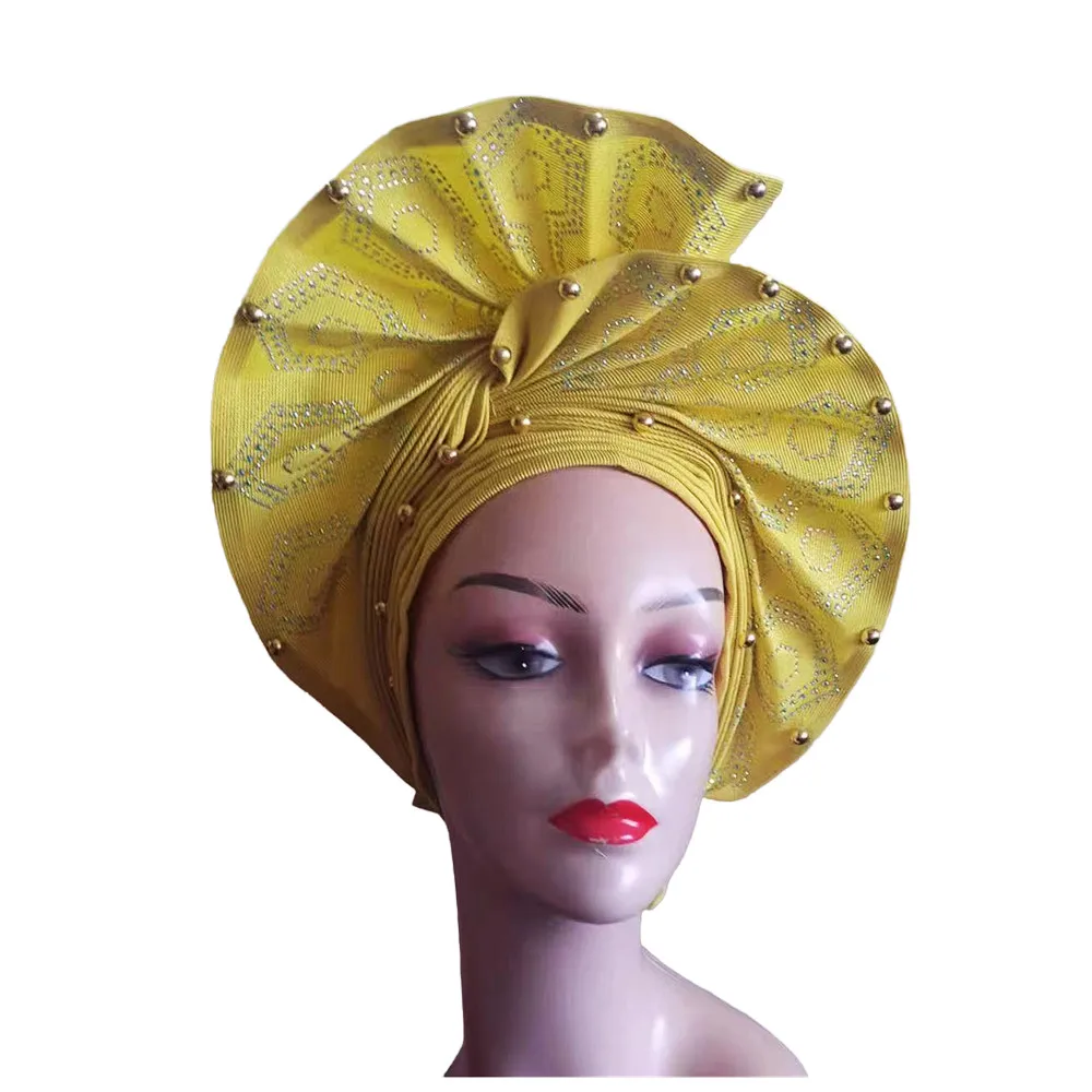 골드 핫 세일 자동 Gele 이미 Headtie 아프리카 Aso Oke 나이지리아 웨딩 여성을위한 보닛 헤드 랩 D505-4