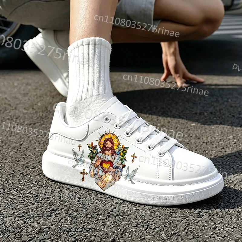 Picture 5: Jesus Art Pattern Printed Thick Bottom White Sneakers Adult Men Women Footwear Platform Casual Daily Street Sports Shoes