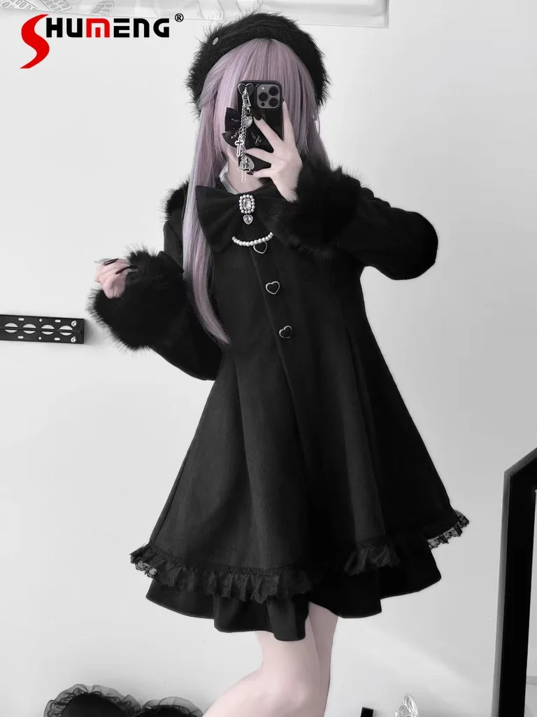 

Оригинальная японская черная длинная куртка, осенне-зимняя съемная плюшевая шапка с милым бантом для девочек, теплое пальто, женские шерстяные пальто