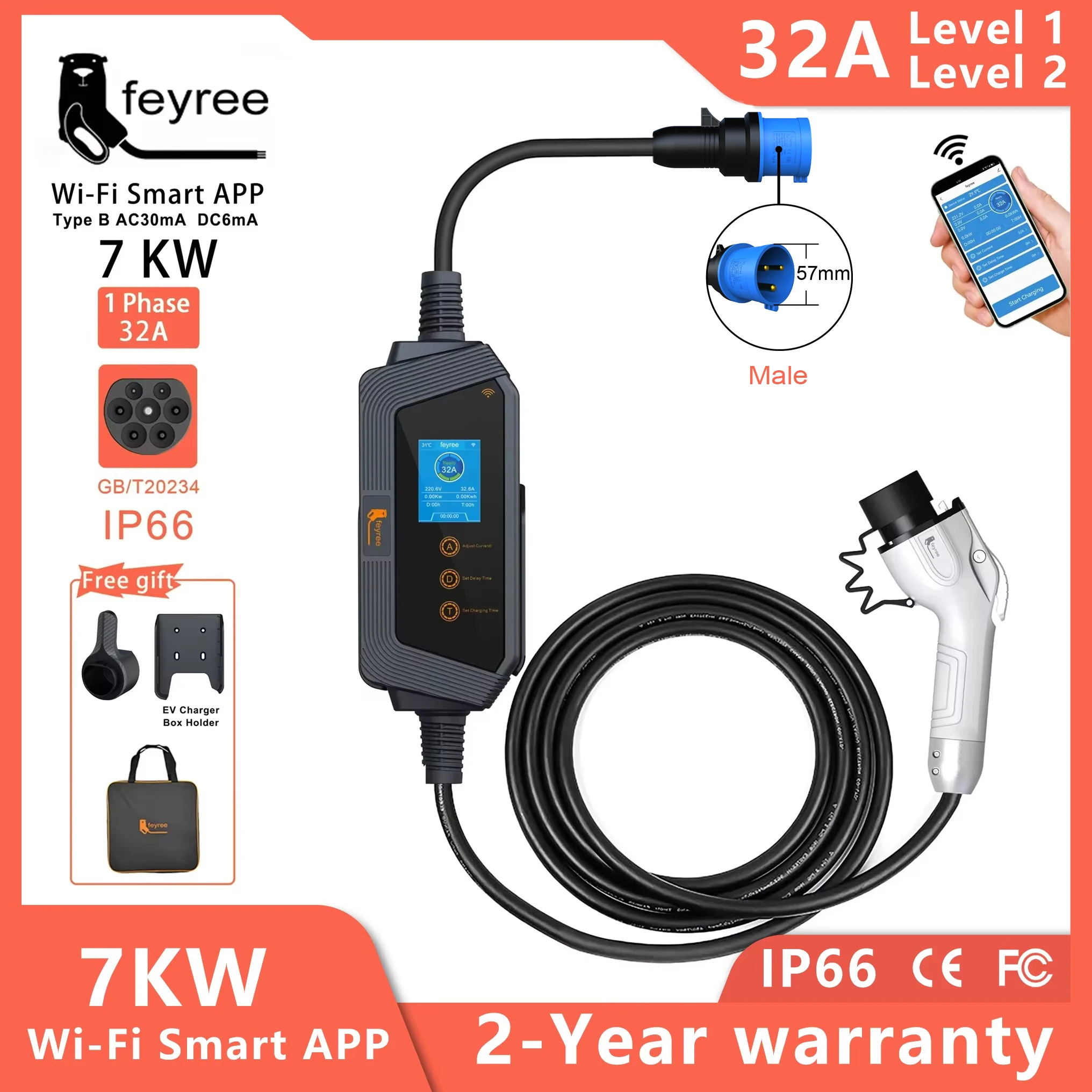 feyree 7KW 32A Adjustable EV Charger GBT Plug APP Bluetooth Version Set Charging Time EVSE Charging Box for Electric Vehicle