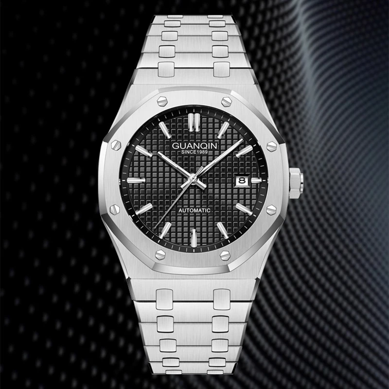 

GUANQIN Роскошные мужские механические часы с сапфировым стеклом, корпус из нержавеющей стали, дата, прозрачные деловые часы для отдыха, водонепроницаемые часы 50 м