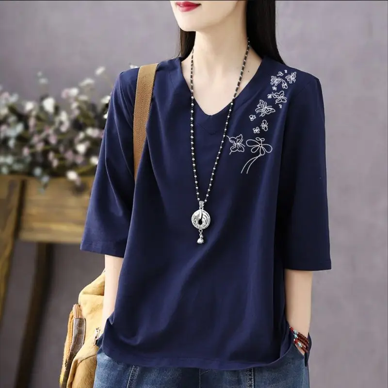 Women Summer Simplicity Loose Fashion Printing V-neck 3/4 sleeve T-Shirt Women Clothes Casual All-match Appear Thin Trend Tops