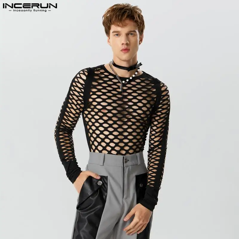 American Style Fashionable New Men Hollow Mesh Design T-shirts Casual Party Sexy Short Sleeved Camiseta S-3XL INCERUN Tops 2023