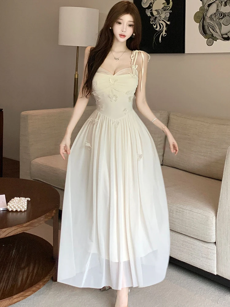 ชุดเดรสผ้าตาข่ายสีขาว แต่งโบว์เก๋ เซ็กซี่ สำหรับผู้หญิง ฤดูร้อน หรูหรา สง่างาม เหมาะสำหรับงานเต้นรำ ปาร์ตี้ ปี 2025 สไตล์เกาหลี วินเทจ ทรงเข้ารูป ชุดราตรี