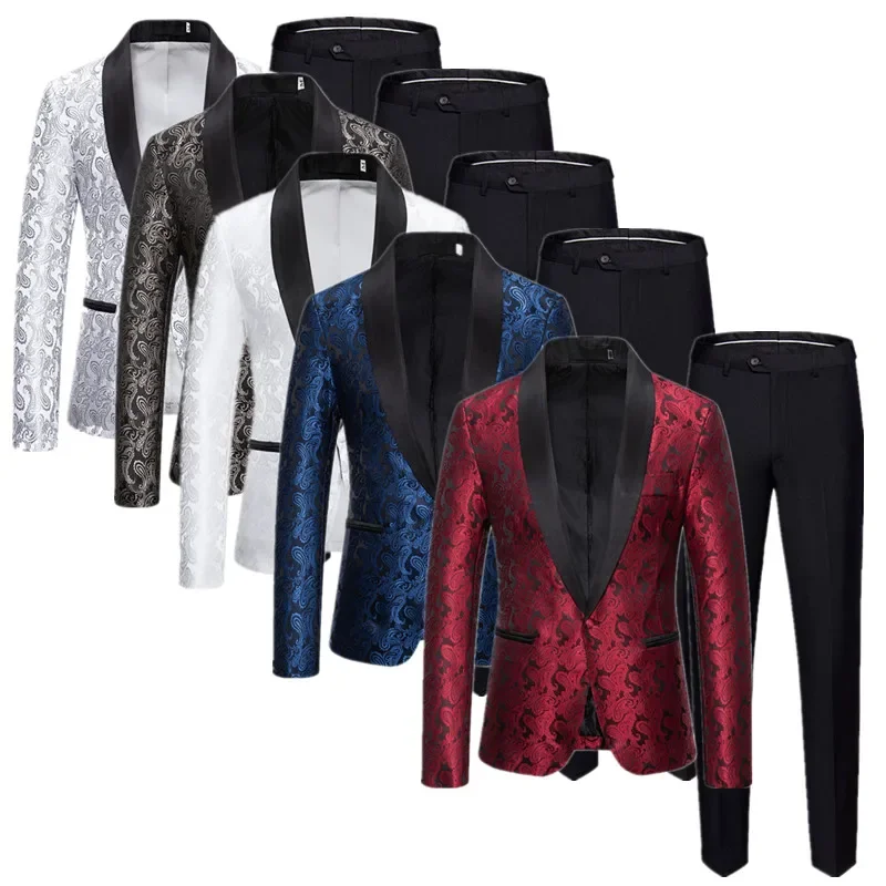 

High Quality Red Men Jacquard Suit 2-Piece, White Wedding Party Dress Coat Paired with Black Trousers, European Size S-XXL.