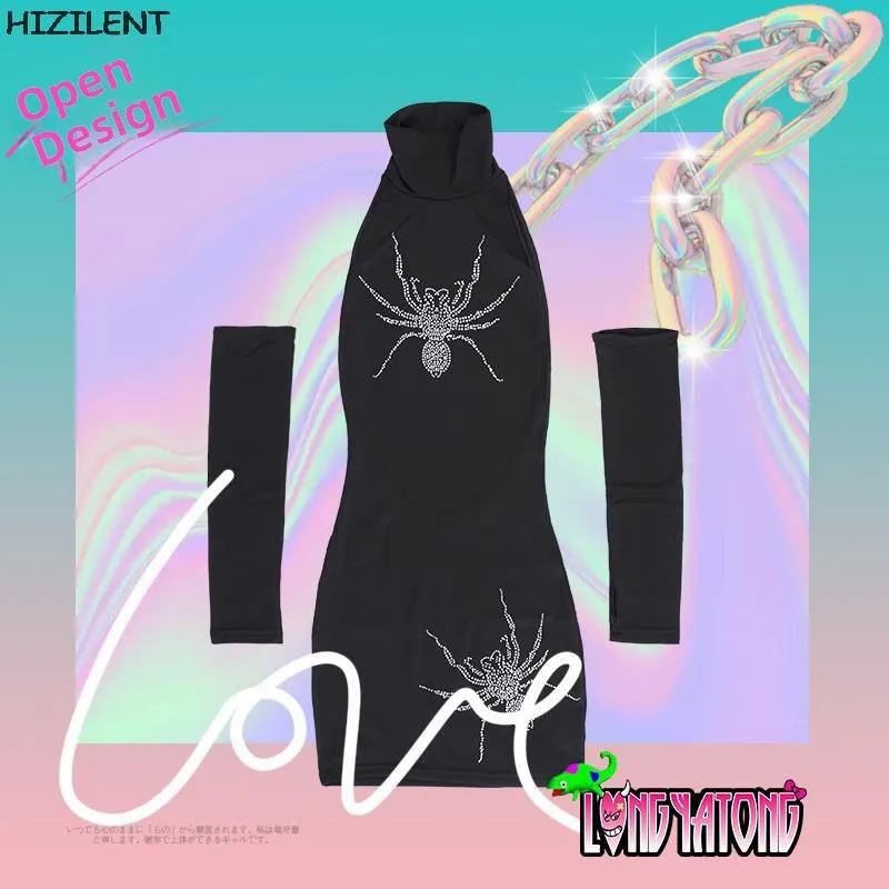 Y2K Millennium Punk Sexy Backless Slim Fit Dress Sparkling Diamond Print Dark Spider BlingBling Flashing Drill Sexy Backless ...
