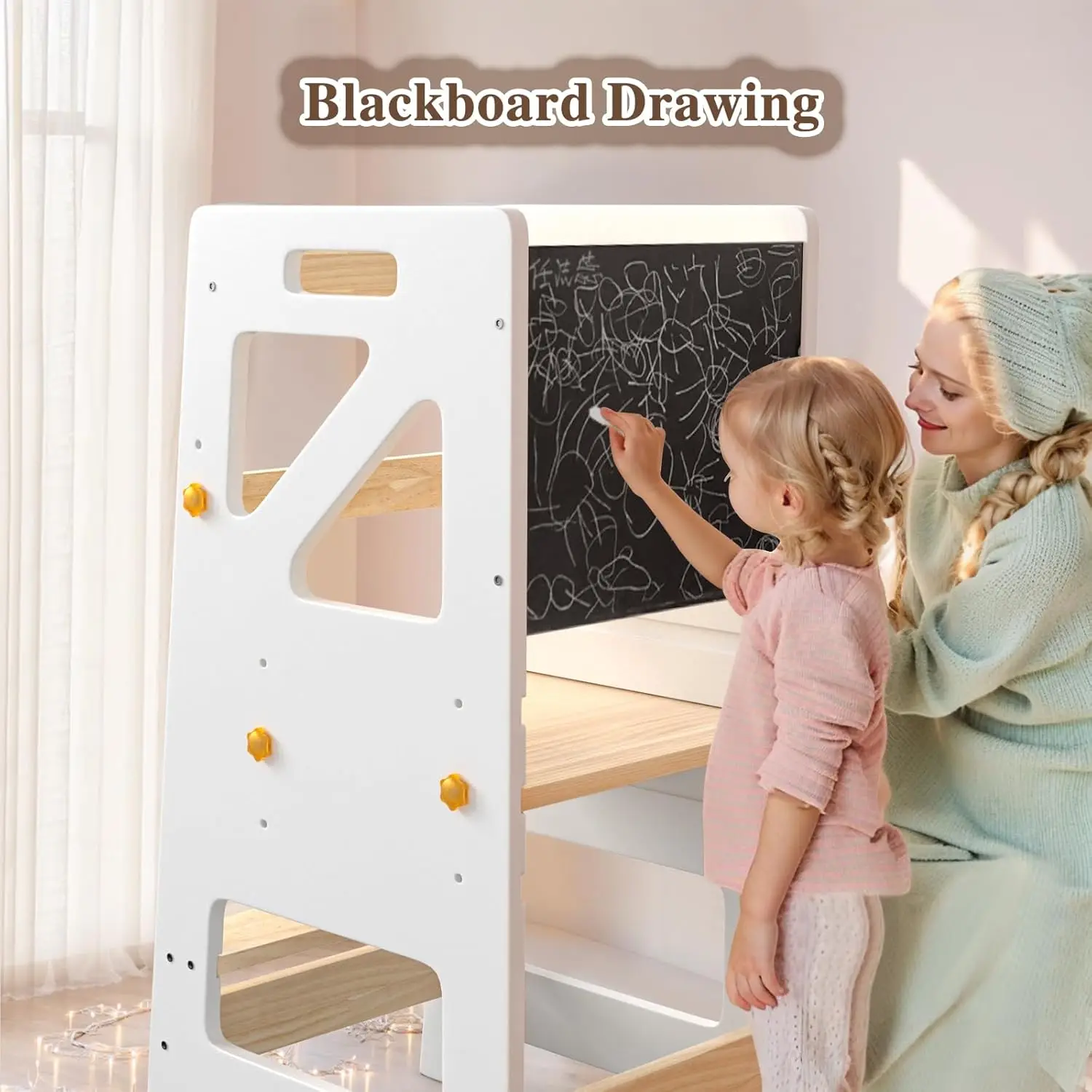 Adjustable Toddler Standing Tower – Complete Toddler Stool Helper with Safety Rail – Ideal Kids Learning Step Stool for Cooking,