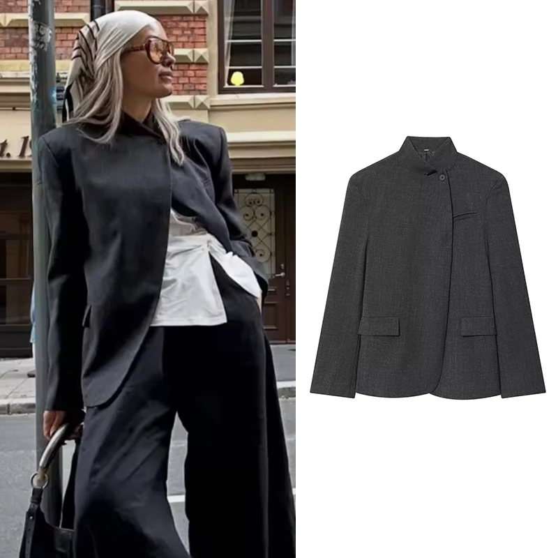 Frauen Blazer Mantel Herbst Winter Mode Stehen Kragen Langarm Blazer Vintage Weibliche Oberbekleidung Chic Tops