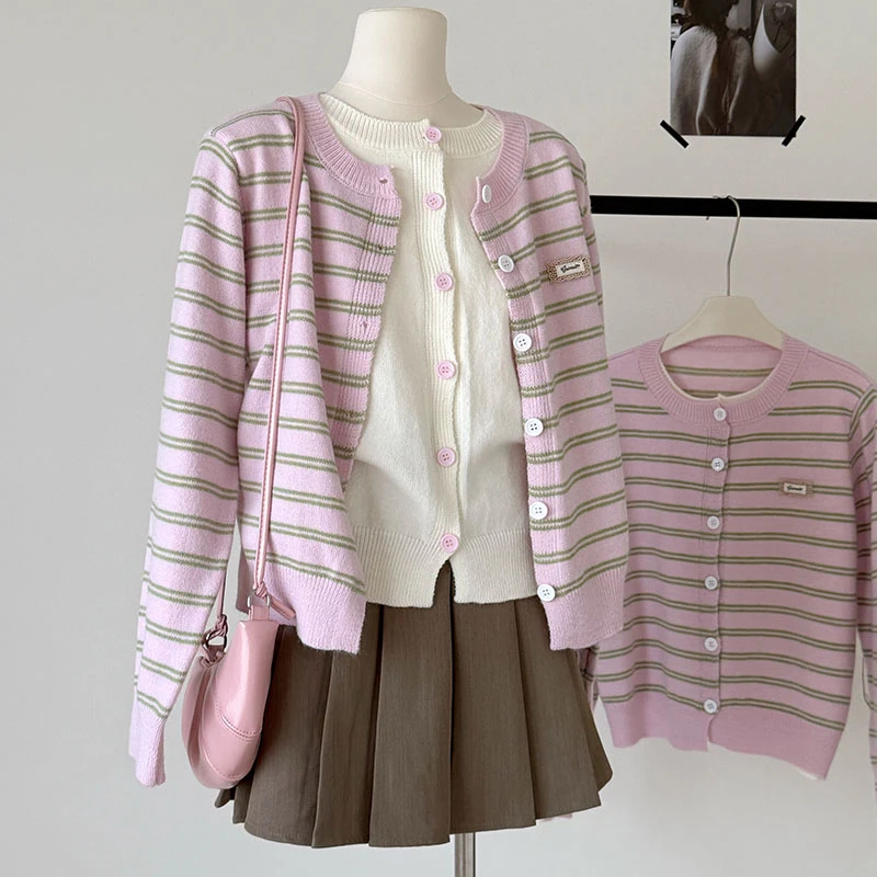 

Поддельные двухсекционные лоскутные кардиганы в розовую полоску, женские повседневные однобортные однобортные осенне-зимние милые корейские шикарные свитера с длинными рукавами