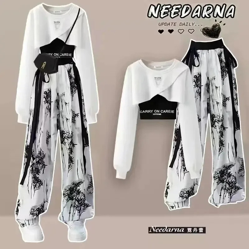 Spring and Autumn Set Women\'s Korean Design Long Sleeved Top+tank Top+ink Wide Legged Pants Three Piece Set Trendy Style Waist