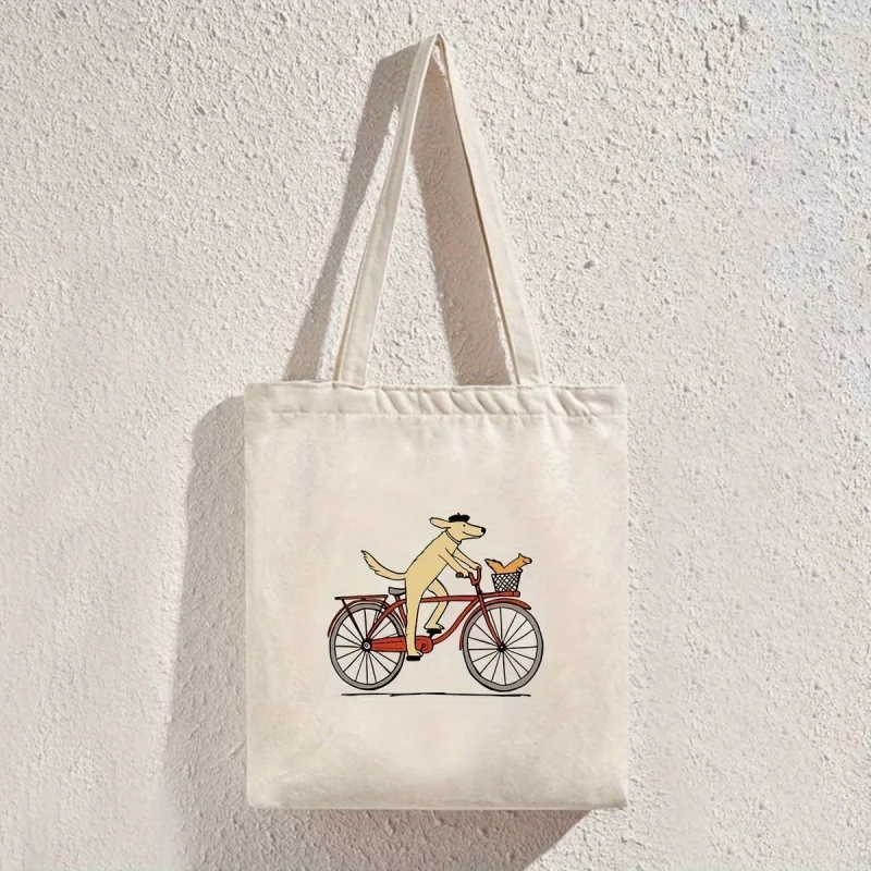

Canvas Bag Printed with Bicycle Dog Pattern，Simple Large Capacity Shopping Bag，With Fixed Shoulder Strap，Unreinforced Slash Pock