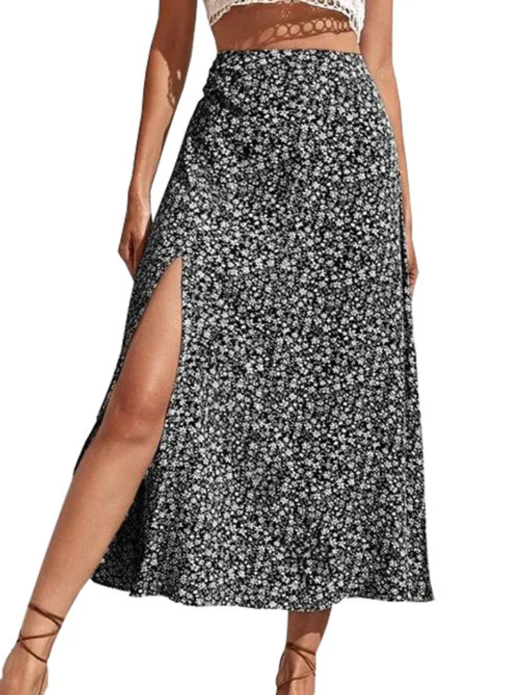 Summer Office Lady Bodycon Midi A-line Women's Skirts Long Printing High Split Elastic Polyester Fashion Vintage Female