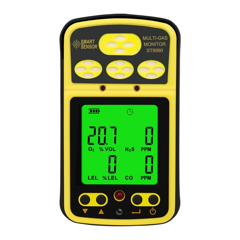 SMART SENSOR ST8990 Gas Monitor 4 in 1 O2 LEL CO H2S Gas Detector Rechargeable Alarm Gas Analyzer with Backlight Alarm Function