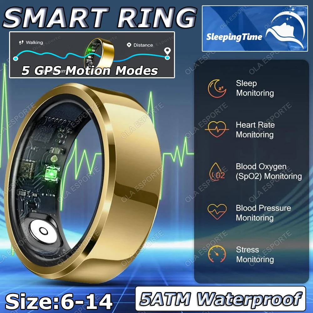 

Новое умное кольцо для мониторинга сердечного ритма, кислорода в крови и сна, спортивные режимы, 5 АТМ, водонепроницаемое управление жестами, Smartring 2026 для женщин и мужчин