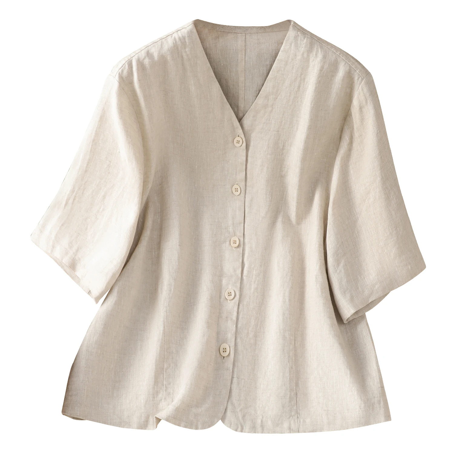 Casual Cotton Linen irt Women's Pure Color V-ne Mid-sve Single-button Coat Open Cardigan Top Commute Sle Loose Fit