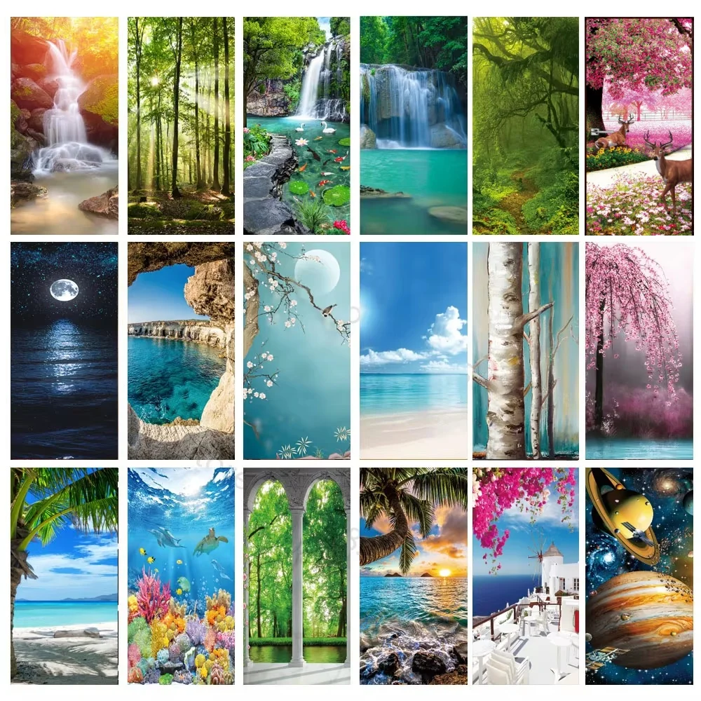 Moon Door Sticker PVC 3D DIY Self-Adhesive Waterfall Sunshine Forest Wallpaper Living Room Art Poster Mural Lake Stickers Home