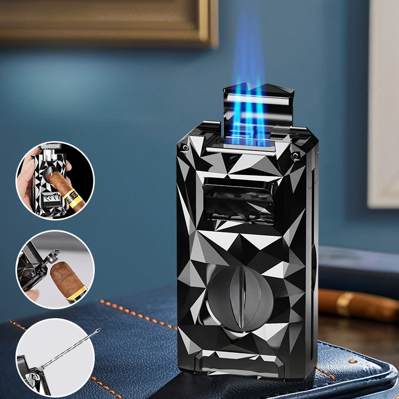 High-end Diamond-shaped Cigar Straight-in Lighter, Multifunctional Portable Igniter, Five-in-one Needle Lighter with Drill