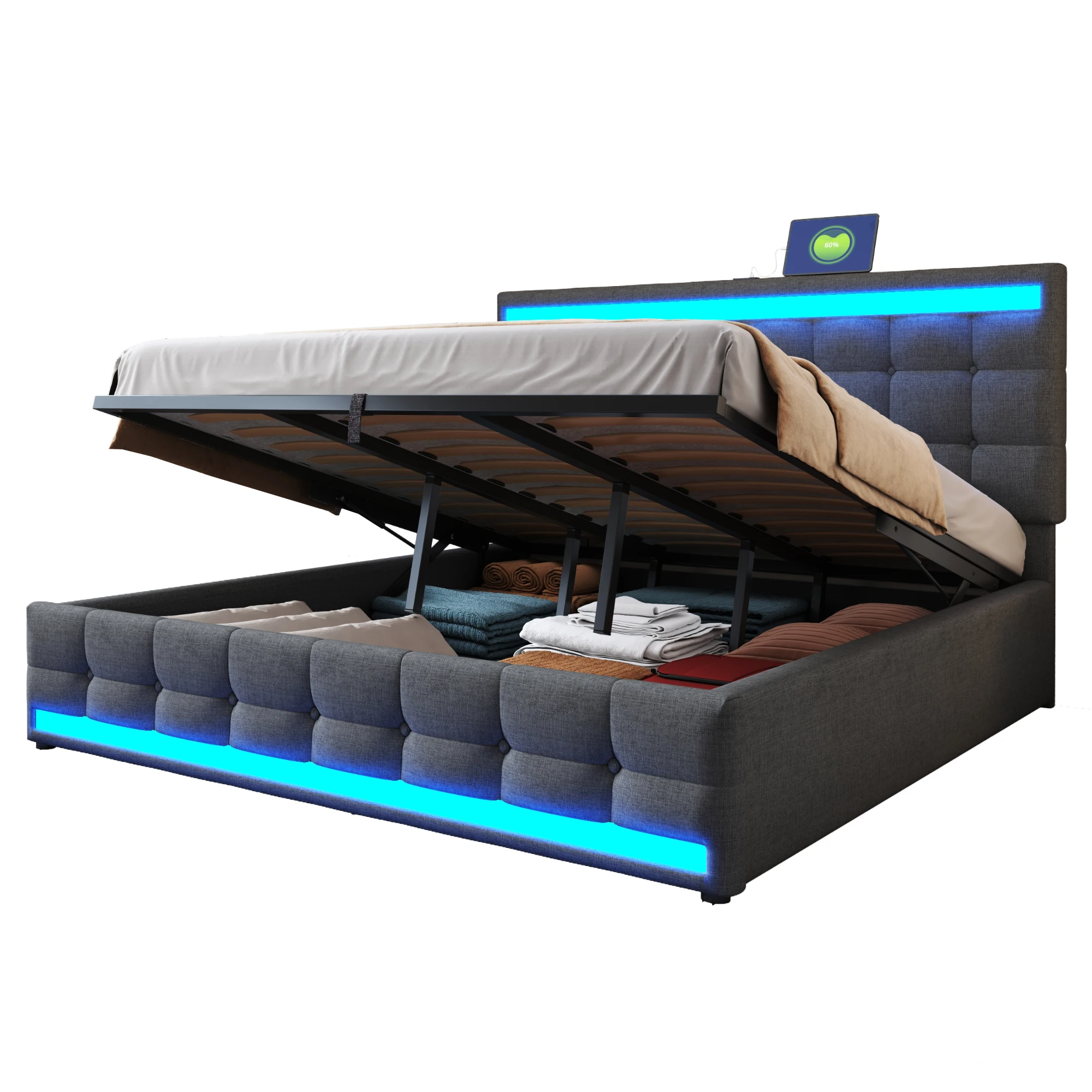 USB LED USB bed 180x200 Bedbox & verstelbaar hoofdeinde grijs zonder matras - afbeelding 2