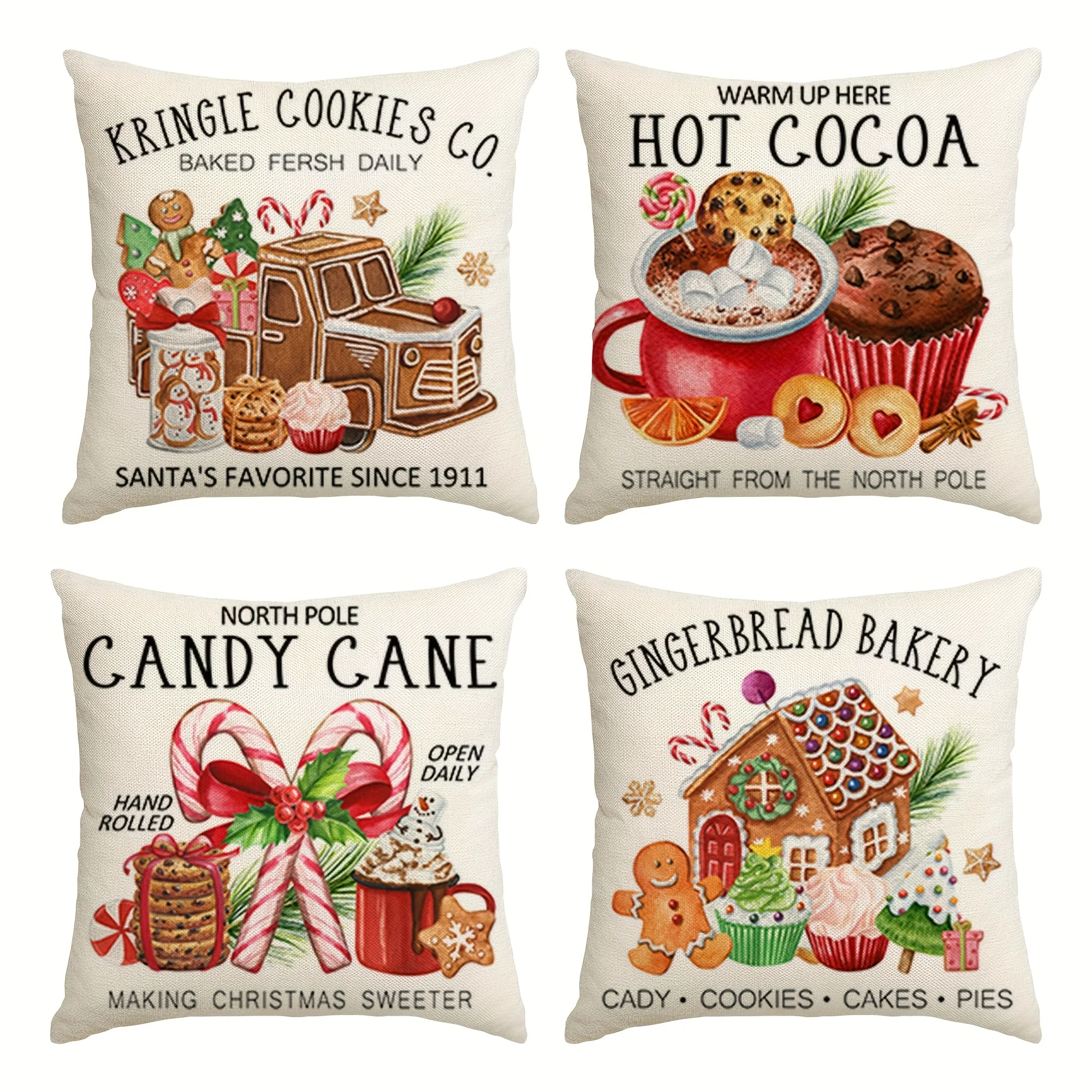 4pcs, Gingerbread Candy Ice Cream Cake Christmas Pillow Cover, 18X18 Inches, Seasonal Rural Holiday Winter Pillow Cover
