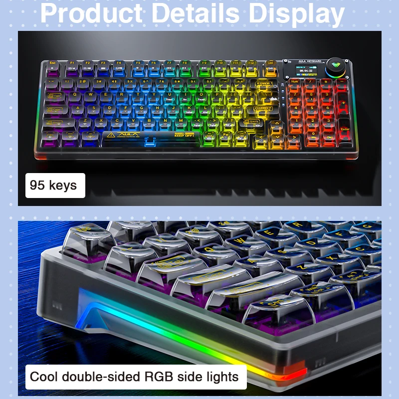لوحة مفاتيح ميكانيكية AULA F98 Pro مع زر تدوير RGB بإضاءة خلفية شاشة مخصصة ثلاثية أوضاع لعبة Esports خاصة منحوتة 95 أغطية مفاتيح