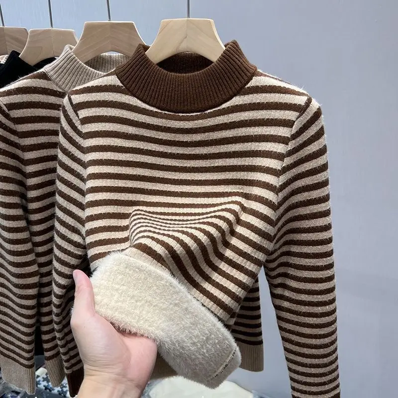 Fashion Striped One-piece Velvet Plush and Thicken Sweaters Women High-quality Long Sleeve O-collar All-match Autumn Winter Top