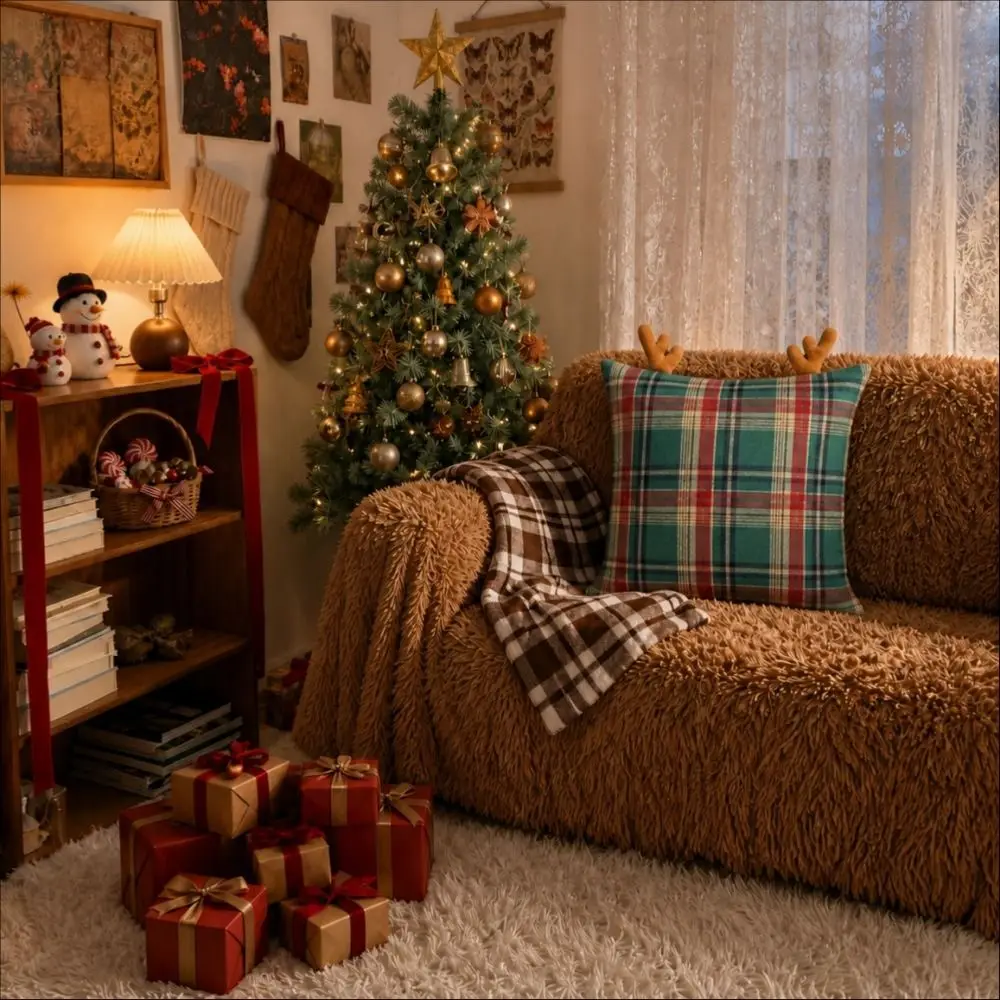 Creative Plaid Christmas Pillow Cover Antlers Square Throw Pillow Cover Exquisite Without Filling Cushion Pillowslip Christmas