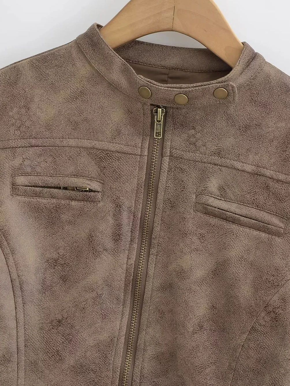 레트로 아메리칸 골드 스탬프 브라운 스탠드 칼라 슬림핏 가죽 재킷 여성용 오토바이 재킷 탑 PU 소재 롱 슬리브