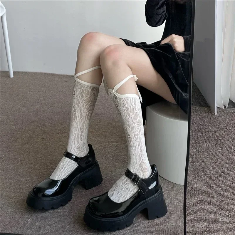 Lolita Street Split Toe Socks Strappy Lace Fishnet Stockings Cool JK Girl Knee Socks Japanese Grils Jk Long Knee High Socks